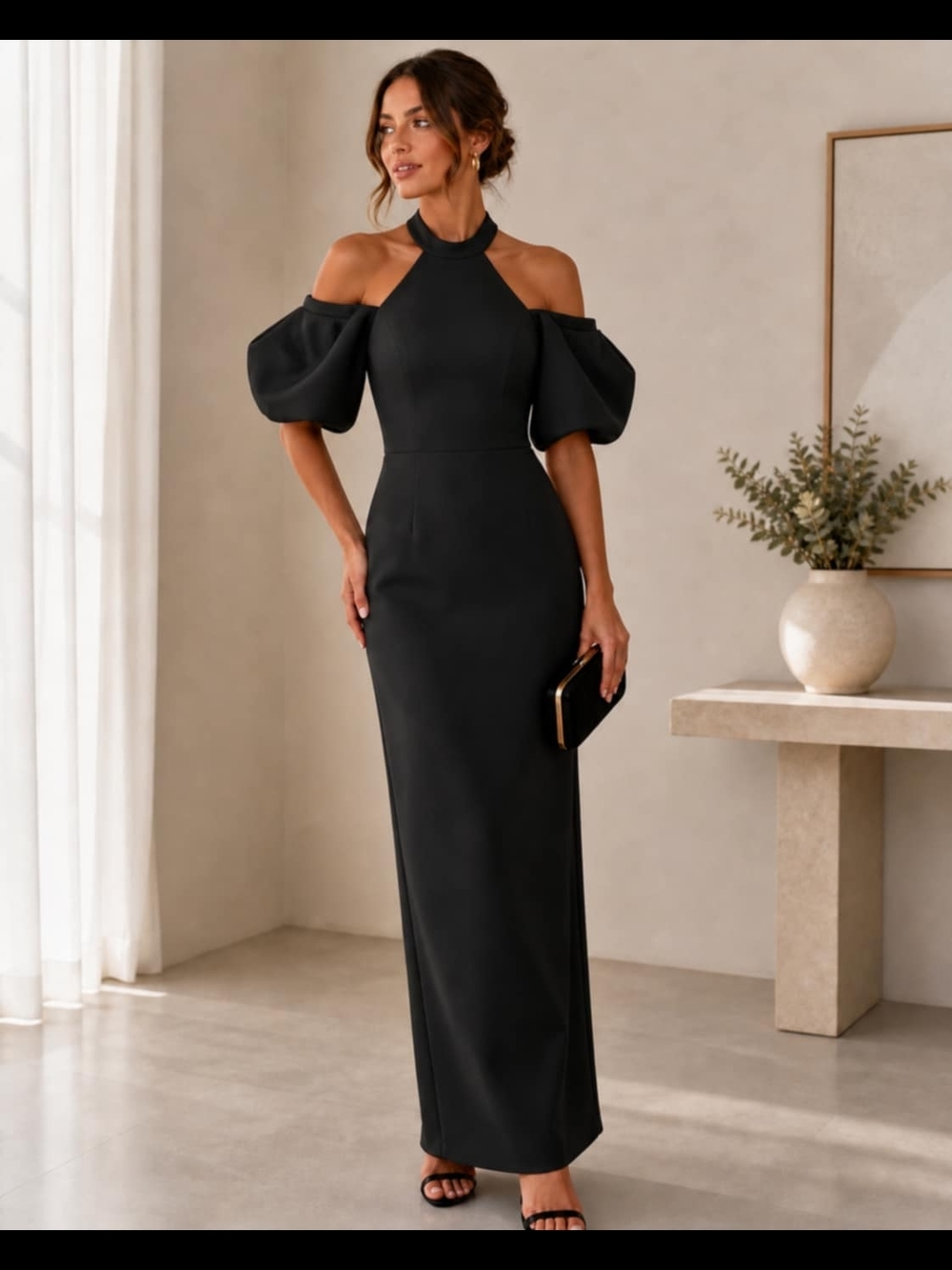 Elegant Black Cold-Shoulder Halter Evening Dress